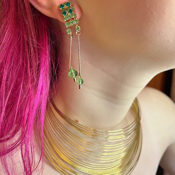 Vintage Gold tone & Green Rhinestone Jewelry Set-Brooch, Necklace & Earrings - Picture 1 of 12